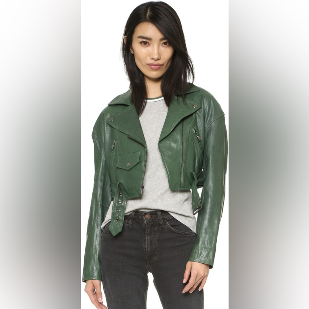 Tibi Cropped Moto Jacket - Green - L - Read description